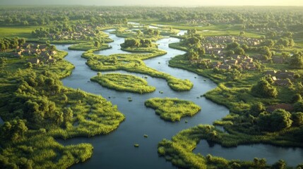 Aerial View of Serene River Winding Through Lush Green Landscape and Houses