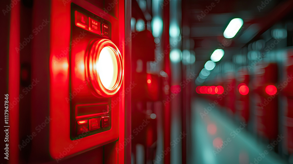 Poster close-up view of a glowing red emergency button in a high-tech environment.