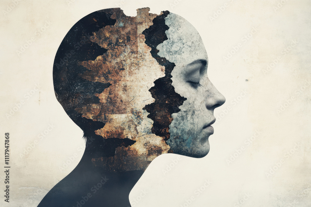 Aufkleber overthinking. a surreal portrait blending a human profile with abstract textures, symbolizing intros