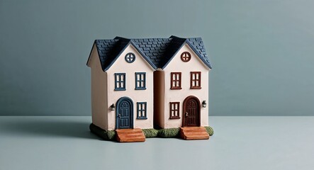 A cozy duplex house figurine with two separate doors on a plain dusty blue background