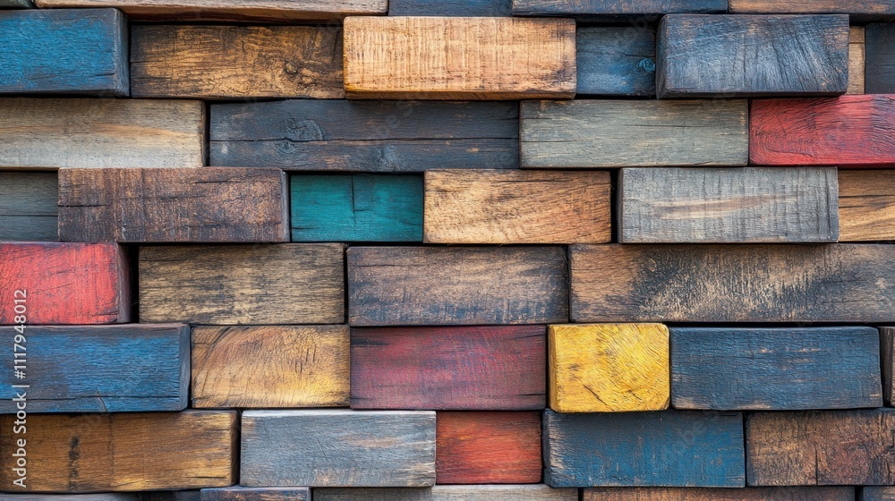 Poster wood aged art architecture texture abstract block stack on the wall for background, abstract colorfu