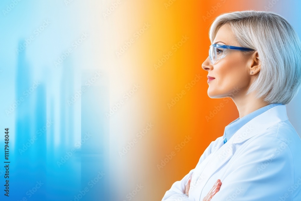 Poster confident scientist in laboratory setting with gradient background