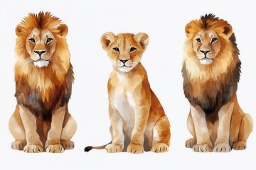Three watercolor lions, showcasing a male, a female cub, and another male in a playful arrangement.