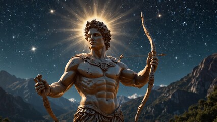 Statue of Apollo, the sun god, holding a bow and a solar disk in both hands, with a backdrop of sunny mountains and the starry sky, with carvings depicting him as a symbol of light and art.