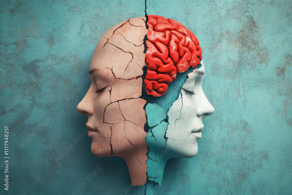 Poster overthinking. a surreal split-face sculpture showcases a brain, symbolizing the duality of intellect