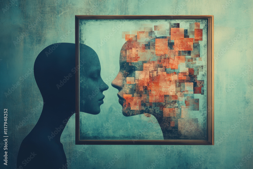 Poster overthinking. a surreal representation of human identity, featuring a silhouette and a framed abstra