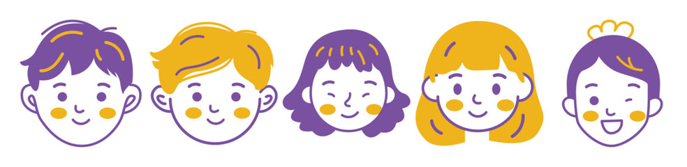 Five Cheerful Kids Faces Illustration Purple and Yellow Tones Happy Children Cartoon Portraits