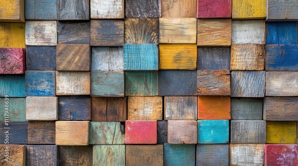Aufkleber wood aged art architecture texture abstract block stack on the wall for background, abstract colorfu