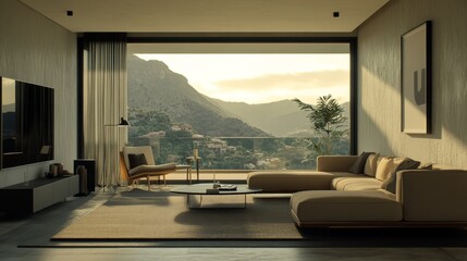 A modern living room with a scenic mountain view, blending comfort and nature.