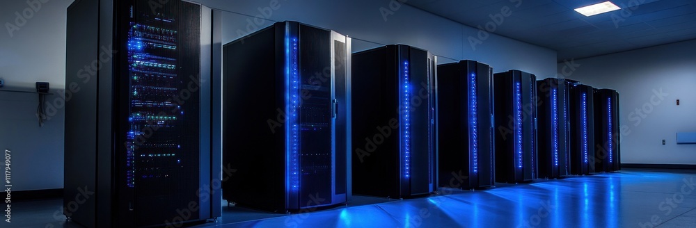 Poster data center with multiple servers illuminated with blue light.