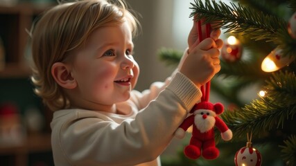 Child hanging a toy on a Christmas tree close-up
