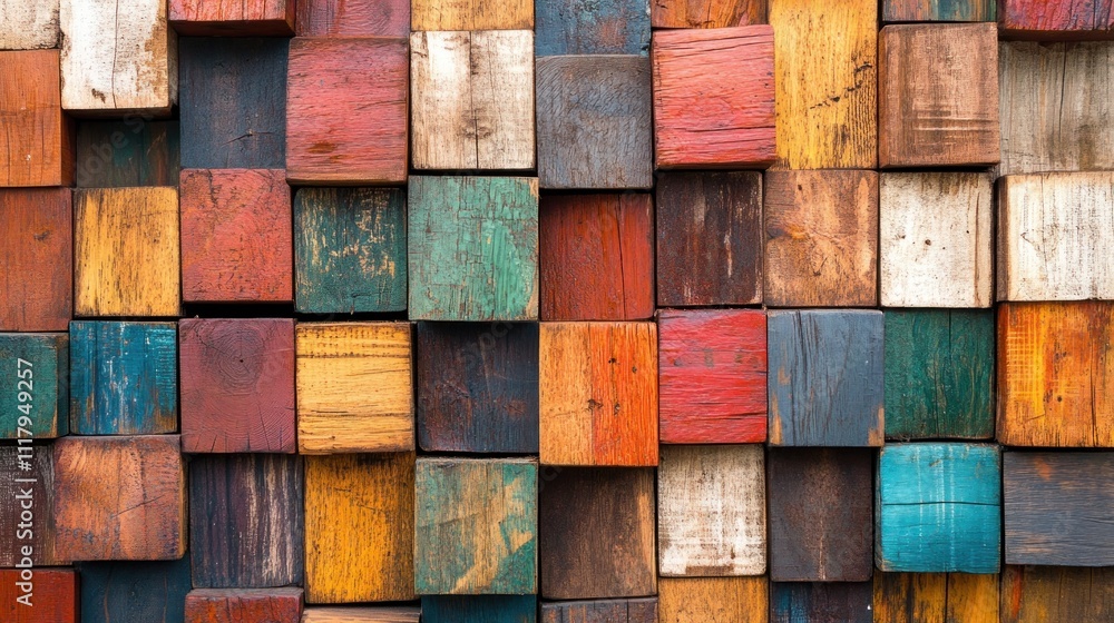 Poster wood aged art architecture texture abstract block stack on the wall for background, abstract colorfu