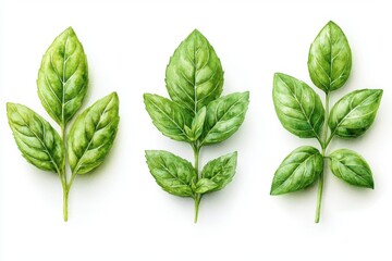Three vibrant green leaves arranged on a white background, showcasing natural beauty.