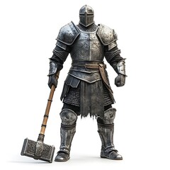 Obraz premium Gaming character with a powerful hammer and heavy armor on a white background