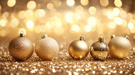 Five gold Christmas ornaments on a bed of glitter with a bokeh background of gold lights.
