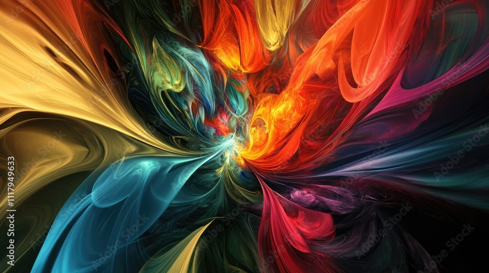 Poster unique abstract shapes in vibrant colors, forming a dynamic and captivating background design