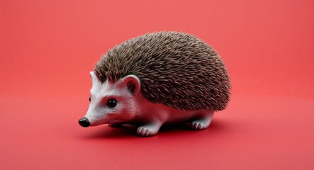 A hedgehog figurine curled into a ball on a plain red background