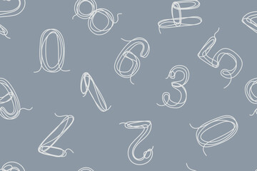 Seamless pattern of Arabic numerals. Chaotic monochrome set of decorative numbers. Icons drawn in one continuous line. Vector illustration white on a gray background