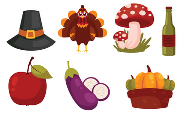 Thanksgiving Feast Icons: Turkey, Hat, Apple, Pumpkin, Mushroom, Eggplant, and Beer