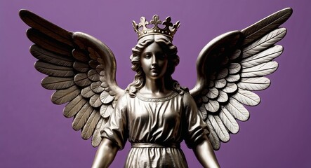 Fototapeta premium A majestic angel figurine with wings extended and a crown atop its head on a plain royal purple background