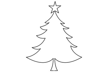 One line continuous drawing of a Christmas tree with star on top and Isolated on white background