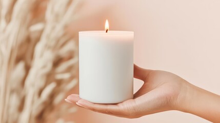 A serene hand holding a lit white candle against a soft backdrop.