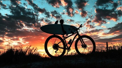 Obraz premium A silhouette of a bicycle with a surfboard against a vibrant sunset sky.