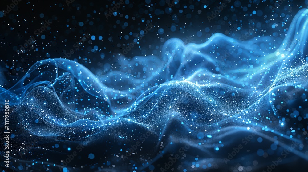 Poster abstract wave with moving dots and lines. flow of particles, technology background.