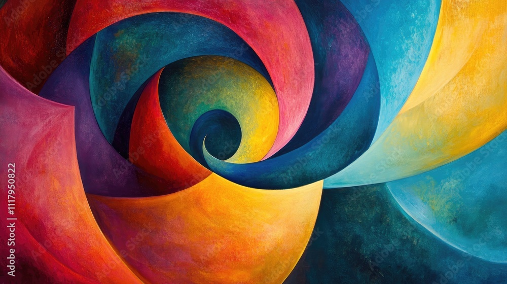 Poster bold, swirling spirals in a spectrum of vibrant colors, creating an energetic and dynamic abstract b
