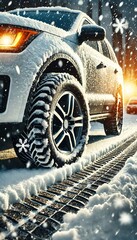 Winter tire. Detail of car tires in winter on the road covered with snow.