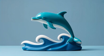 A playful dolphin figurine jumping over waves on a plain blue background