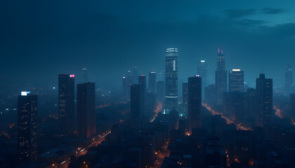 Obraz premium Dimmed Urban High-Rises Against a Deep Blue Night Sky