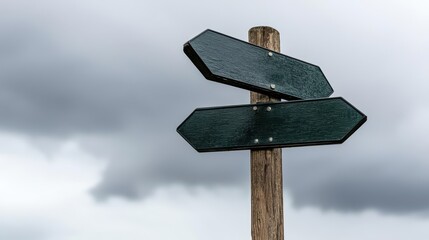 Directional signpost with blank arrows against a cloudy sky.