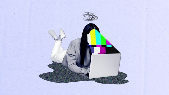 Contemporary motion collage video of anonym girl lay floor error signal laptop fake news brainwash influence mass