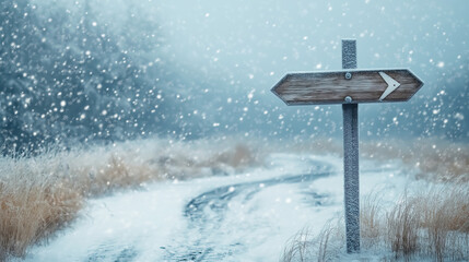 Fototapeta premium Frosty wooden signpost with two arrows pointing in different directions on a snowy road