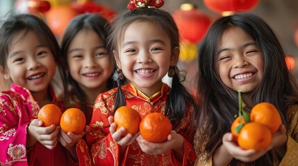 Fototapeta premium Children of diverse backgrounds celebrating together with oranges during a festive gathering
