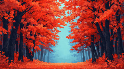 Tranquil Autumn Forest Scene with Vibrant Red Leaves and Soft Blue Mist Inviting Serenity in Nature's Calm Embrace
