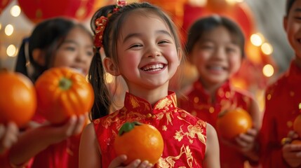 Fototapeta premium Children celebrating a cultural festival with oranges in colorful traditional attire