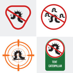 Tent caterpillar icon silhouette. Red Target pesticide stop sign. insect repellent