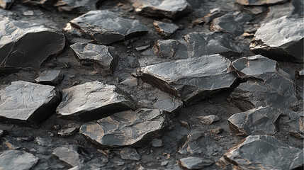 Collection of black stone and rock textures on white background for 3D rendering and design projects.
