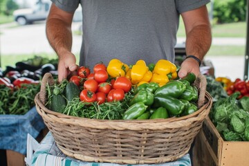 Caucasian male holding basket of fresh vegetables at farmers market - Powered by Adobe