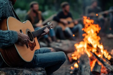 Fototapeta premium Outdoor campfire jam with group of young caucasian adults playing guitars