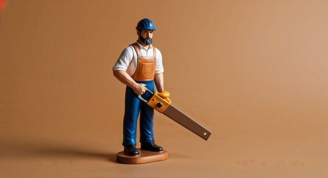 A skilled carpenter figurine holding a saw on a plain warm brown background