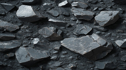 Collection of black stone and rock textures on white background for 3D rendering and design projects.