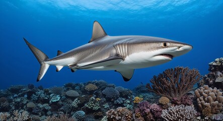 Obraz premium A sleek shark swimming gracefully through coralfilled waters