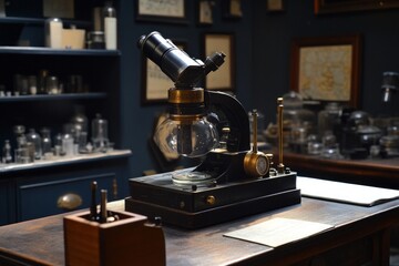 Antique microscope on wooden desk in vintage science laboratory