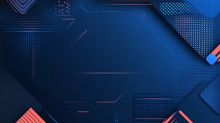 Abstract geometric background with blue, pink, and orange elements.