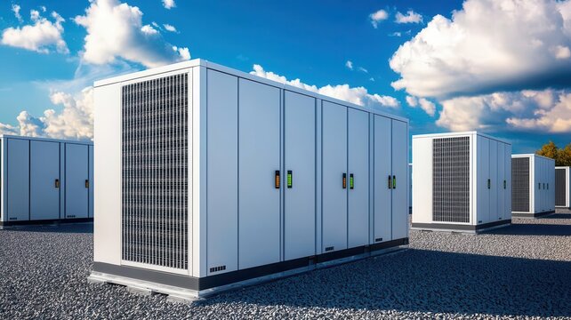 battery replacement power concept. Large battery arrays being replaced in a commercial energy storage facility, focus on green power infrastructure