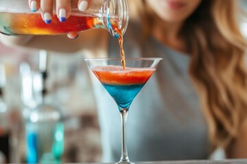 Female bartender pouring colorful layered cocktail in martini glass