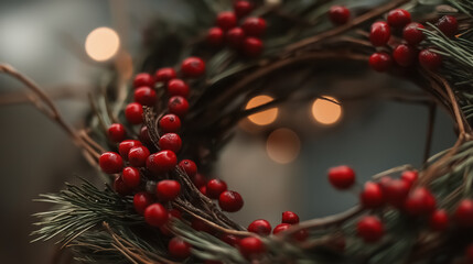 Christmas wreath made of fresh fir branches with clusters of red viburnum berries